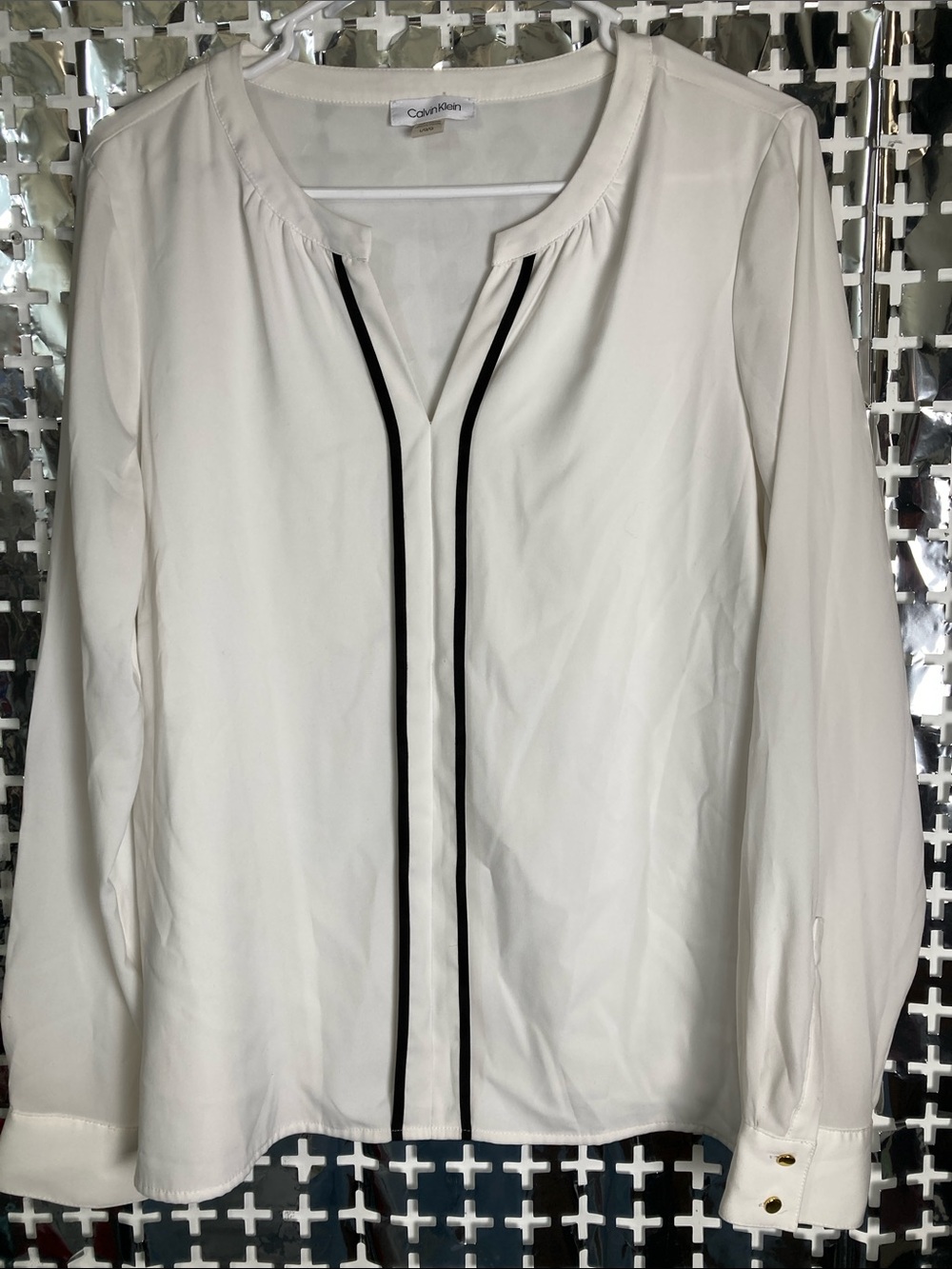 Calvin Klein White Long-Sleeve Blouse with Black Piping